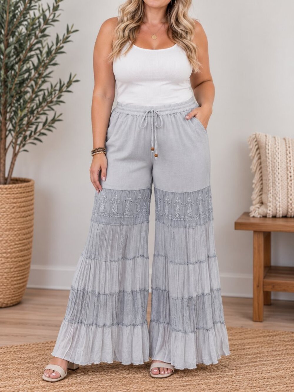 430. Women's Plus Gray Tiered Boho Lace Palazzo Pants